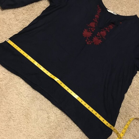 Dark Navy Blue Red Embroidered Peasant Sleeve Bohemian Tunic Shirt - Picture 12 of 15